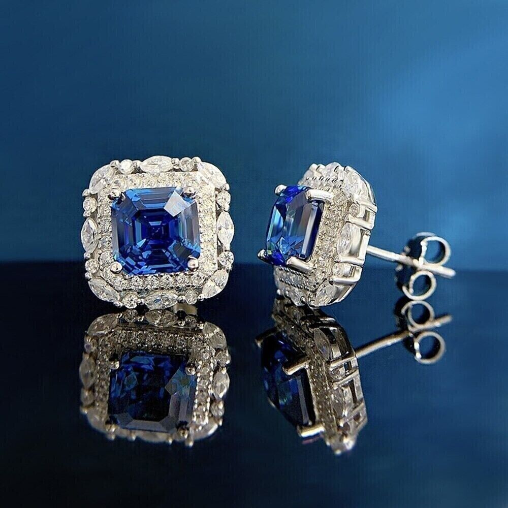 3.00Ct Asscher Cut Lab Created Sapphire Halo Stud Earrings 14K White Gold Plated Item image 4