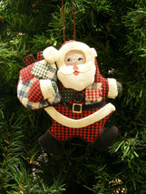 Vintage 90&#39;s Bronson Patchwork Quilt Santa Claus w/PLAID Suit Christmas Ornament - £7.77 GBP