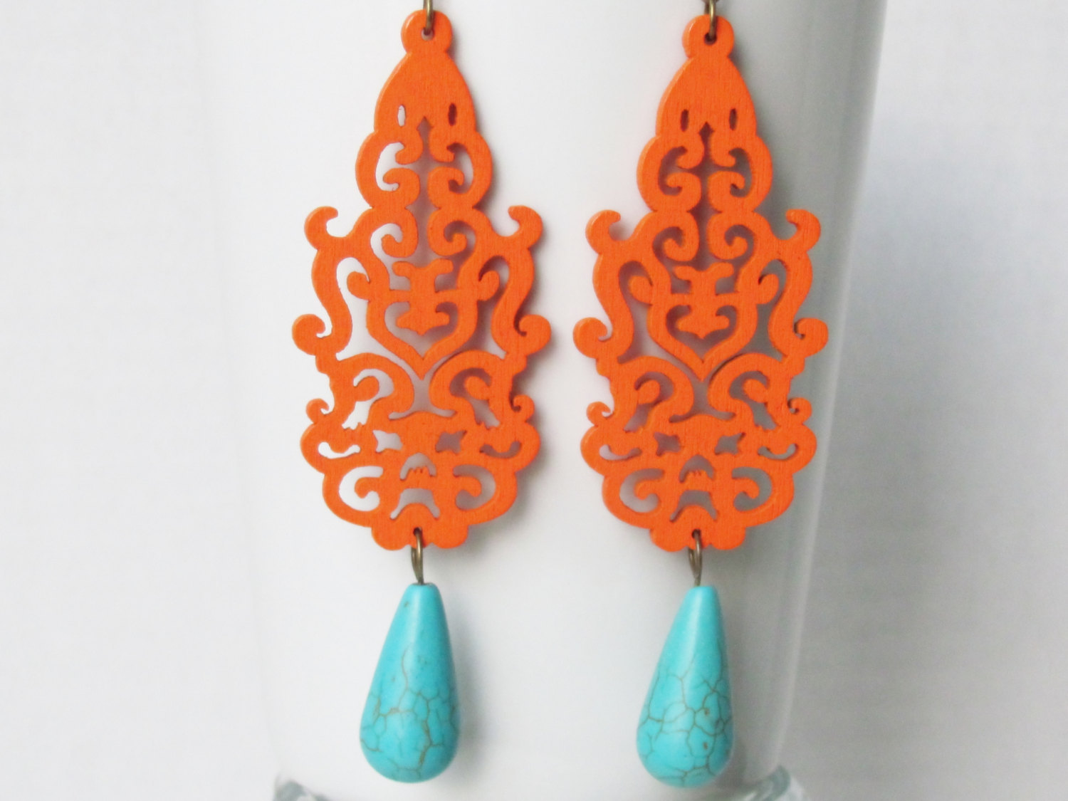 Orange Earrings Orange Jewelry Statement Earrings Boho Chic Jewelry Wood Earring - £19.18 GBP