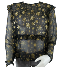 Topshop Idol Blouse Sz 10 Sheer Black Chiffon Ruffles Gold Sequin Long S... - $269.21 MXN