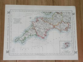 1921 Antique Map Of Cornwall Devon Dorset Sommerset / York Lincoln England - $26.09