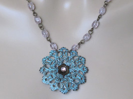 Snowflake Necklace Turquoise Necklace Pink Necklace Filigree Necklace Shabby Chi - £19.18 GBP