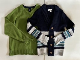 TWO Gap Peek Boys Sweaters M 6-7-8 V neck Cardigan Green Blue Striped EUC - $19.99