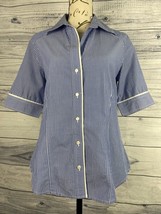 Chicos 0 Stripe Top Women S 4 Button Front Collared Short Sleeve Blue Na... - $12.60