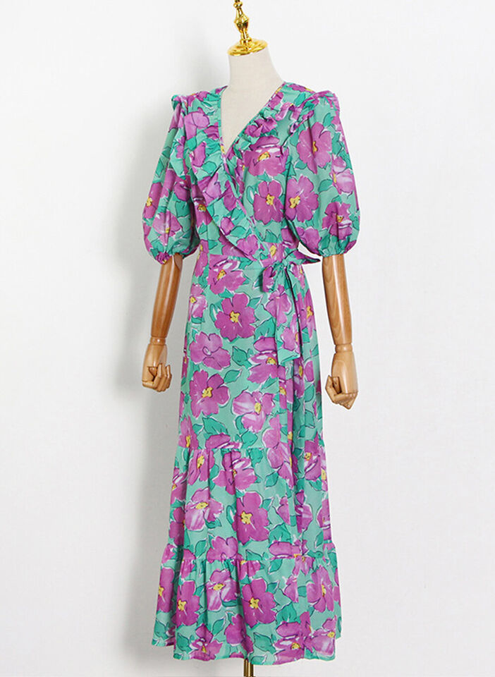 Women's Designer Puffy Sleeve Ruffled V-neck Floral Print Wrap Dress AUS STOCK Item image 4