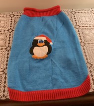 Blue Red Santa Penguin Design Holiday Dog Sweater LARGE Festive Warm Winter Wear - £9.56 GBP