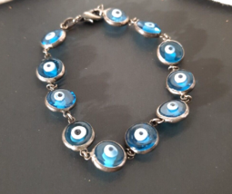 Bracelet Blue Evil Eye 7” VTG Sterling Silver 925 Handmade w Details Protector - £26.37 GBP