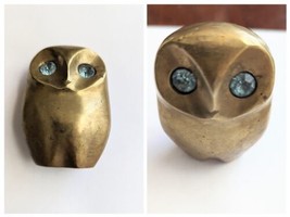VTG Solid Brass Owl MCM MidCentury Modern Signed Blue Eyes Rhinestones Crystals - £193.82 GBP