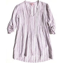 St. Tropez West Women’s Size S Long Linen Tunic White Striped Roll Tab S... - $18.99
