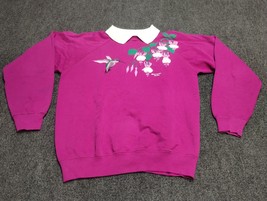 VINTAGE Hanes Morning Sun Sweater Women Medium Pink Flower Humming Bird Y2K - $17.05