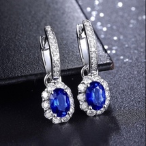 18K White Gold Plated Artificial Sapphire Dangle Drop Earrings for Women - £9.61 GBP