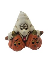 Ceramic Spooky Jack-O-Lanter Trio w Funny Face Ghost Candle Holder 4 in - £8.84 GBP