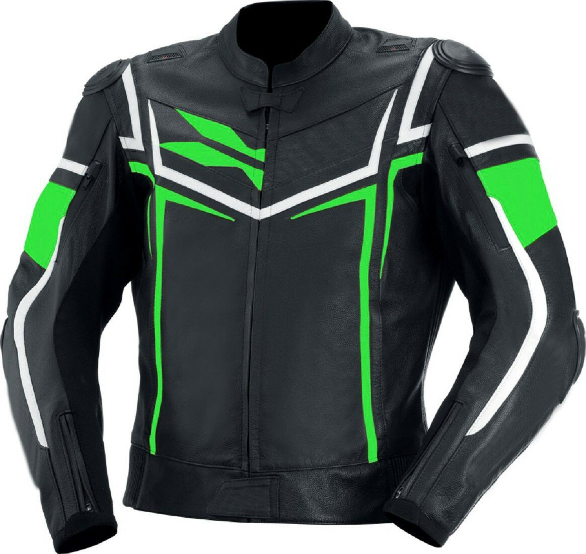 Men Black Color Motorcycle Green White Striped Genuine Leather Safety Pad jacket