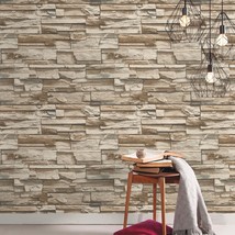 Gray And Brown Stacked Stone Peel And Stick Wallpaper By Roommates, Model Number - £29.51 GBP