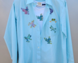 Tia Designs Shirt Blue Gingham Womens Medium Frog Embroiderd Long Sleeve... - $24.70