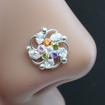 Handmade Indian 925 Sterling Silver Multi-color CZ Studded Twisted nose ring 22g - £11.13 GBP