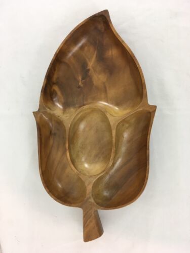 Primary image for Mid Century Solid Wood Leaf 4 Bowl Hors Devoures Relish Chips Vtg Serving Tray