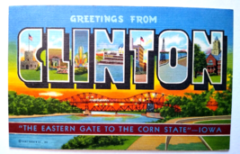 Greetings From Clinton Iowa Large Letter Postcard Linen Curt Teich 1944 Corn - £5.77 GBP