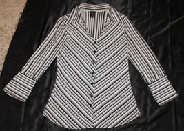ANXIETY BLACK WHITE GRAY STRIPE FITTED BLOUSE TOP BUTTON SHIRT CAREER M S 6 - £6.22 GBP