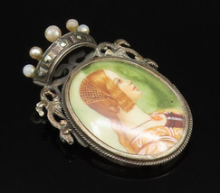 925 Silver - Vintage Antique Lady Glass Art Pearl &amp; Marcasite Brooch Pin... - £62.93 GBP