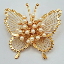 Monet Signed Butterfly Filigree Wire Winged Brooch Burst Seed Pearls Gold Tone - £19.75 GBP