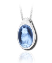 Sterling Silver &amp; Blue Agate Cat Cameo Funeral Cremation Urn Pendant w/Chain - £342.14 GBP