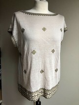 J. Jill S Love Linen Beige Sequin Embroidered Short Sleeve Tee Top Boat Neck - £15.65 GBP