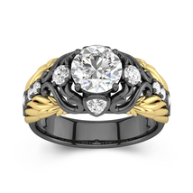 Black Engagement Ring With Gold Angel Wing Fake Diamond Wedding Anniversary Ring - £123.10 GBP