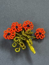 Handmade Large Orange &amp; Blue Beaded Flowers w Green Leaves &amp; Stem Pin Brooch – - £11.87 GBP