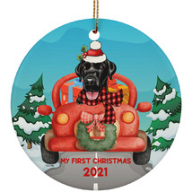 Funny Black Labrador Dog Ride Car My First Xmas 2021 Pet Lover Circle Ornament - £15.78 GBP
