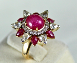 Natural Ruby Cabochon Rose Cut Diamond 18K Yellow Gold Unique Cocktail Ring - £3,722.31 GBP