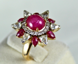 Natural Ruby Cabochon Rose Cut Diamond 18K Yellow Gold Unique Cocktail Ring - $4,750.00