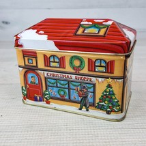 Vintage Christmas Shoppe Tin Box 4.5 x 3.5&quot; Village Town Holiday Shopping - £15.00 GBP