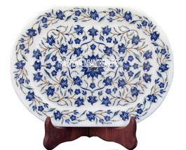 9&quot;x12&quot; White Marble Slab Tray Fine Lapis Lazul Inlay Floral Beautiful Lo... - £287.10 GBP