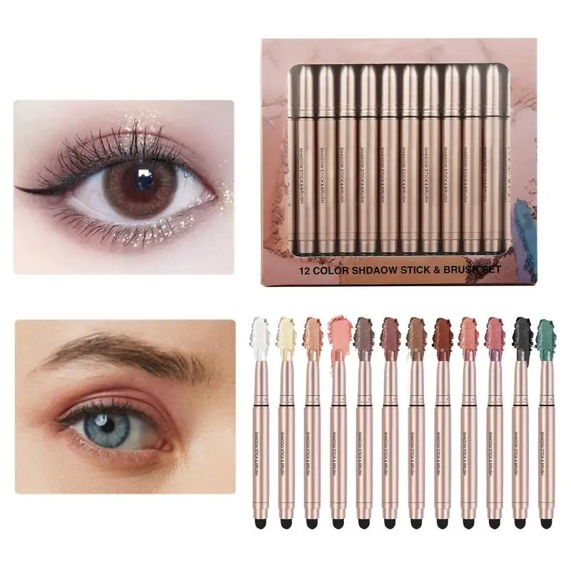 2 In 1 Eye Shadow Stick Glitter  Eye Shadow With Sponge Makeup Brush Longlasting - £103.10 GBP