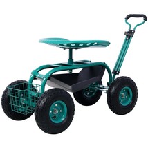 Rolling Garden Scooter Garden Cart Seat With Wheels And Tool Tray - Green - £91.69 GBP