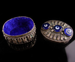 Antique evil eye Box - miniature ring casket - silver relief - keepsake jewelry  - £99.05 GBP