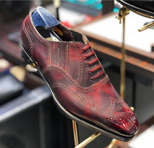 NEW  Handmade Men&#39;s Burgundy Color Shoes, Men&#39;s Wing Tip Lace Up Leather Formal  - £115.07 GBP