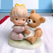 Homco #1424 Ceramic Figurine Blonde Baby Girl with Brown Teddy Bear Vintage - £5.19 GBP
