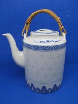 Jingdezhen Vintage Chinese Rice Flower 7 21/2&quot; Blue White Bamboo Handle Tea Pot - £23.11 GBP