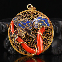 Chinese Gold Wire Gilt Gold Enamel Inlay Red Coral Pendant - £142.22 GBP