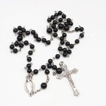 Black Beaded Chain Rosary Necklace Cross Pendant - £11.44 GBP