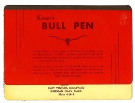 Kover&#39;s Bull Pen Menu Ventura Boulevard Sherman Oaks California 1950&#39;s - £68.53 GBP