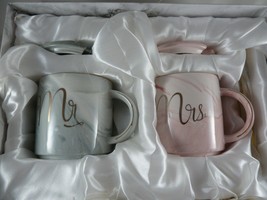 Mr &amp; Mrs Ceramic Coffee Mugs Set Pink Gray Marble Gold Trim Tea Cups Stackable - £25.60 GBP