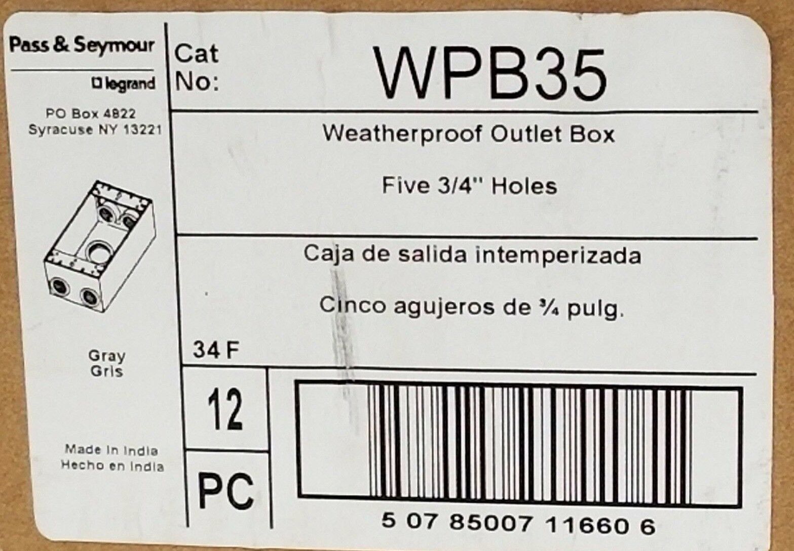 Primary image for BOX OF 12 NEW PASS & SEYMOUR WPB35 ALL-WEATHER OUTLET BOXES, FIVE-HOLE, 3/4"