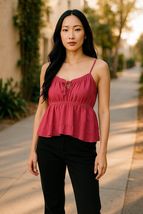 RSQ Peplum Cami Tie Front Baby Doll Sleeveless Maroon Top Size Medium - $24.98