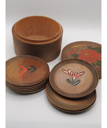 Vtg Wood Drinks Coaster Set {8} &amp; Box With Handpainted Floral Design - $1,149.79 MXN