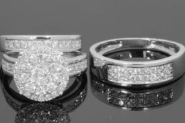 2CT Simulated Diamond Wedding Trio Set His/Her Bridal Ring925 Silver Gold Plated - £100.96 GBP