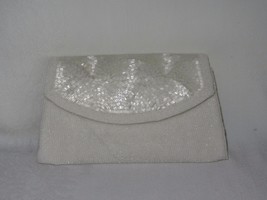 White Beaded Clutch Purse Small Satin Lined Vintage Evening Bag Dressy - £12.45 GBP