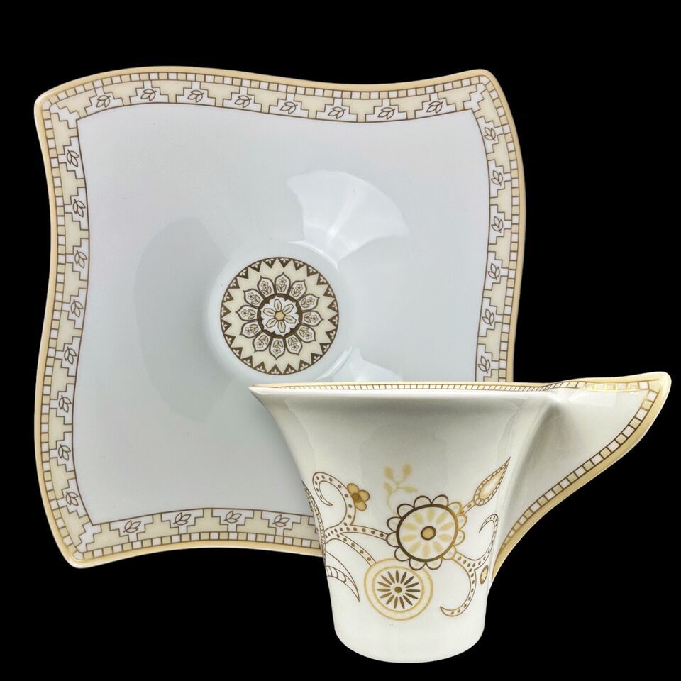Primary image for NEW Villeroy & Boch Samarah Bone China Gold Trim Coffee Cup Square Wave Saucer